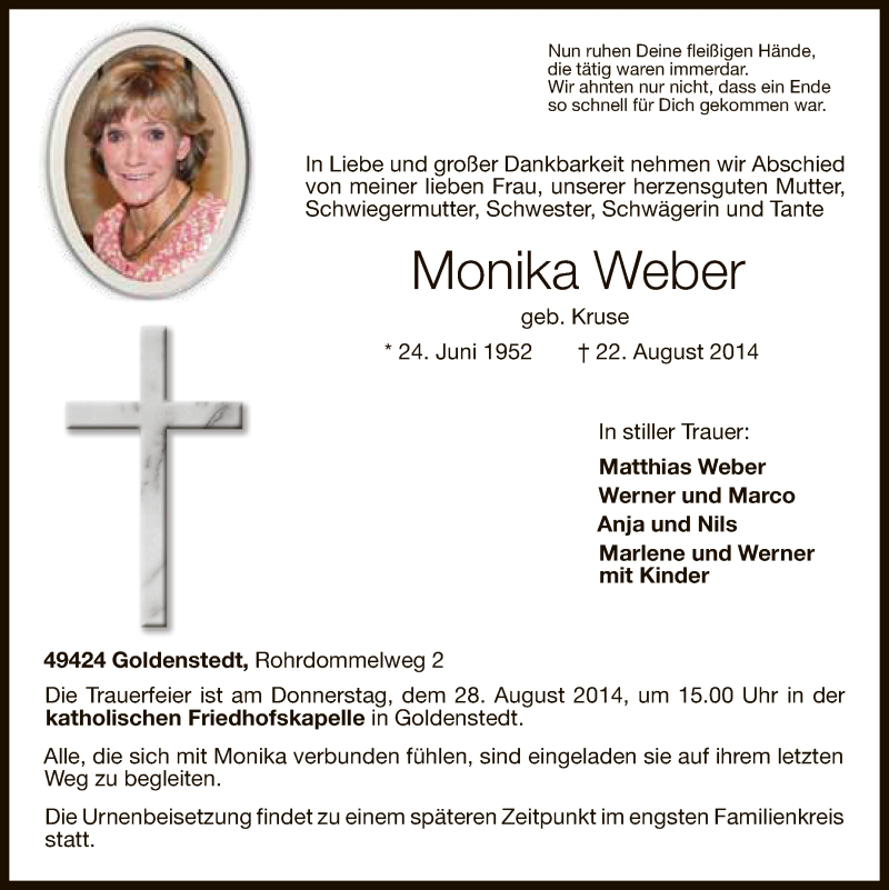  Traueranzeige für Monika Weber vom 25.08.2014 aus OM-Medien